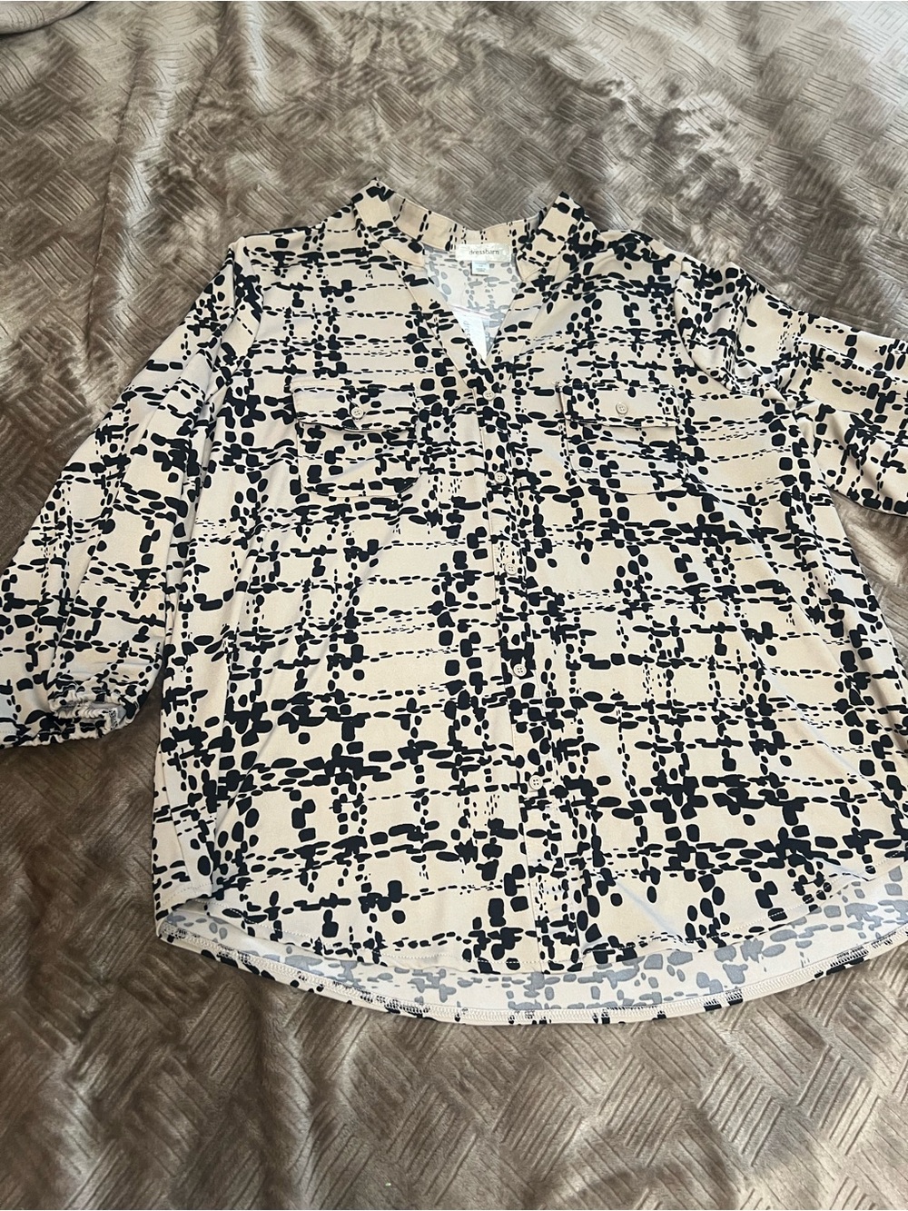 Beige and Black Patterned Long-Sleeve Dress Shirt